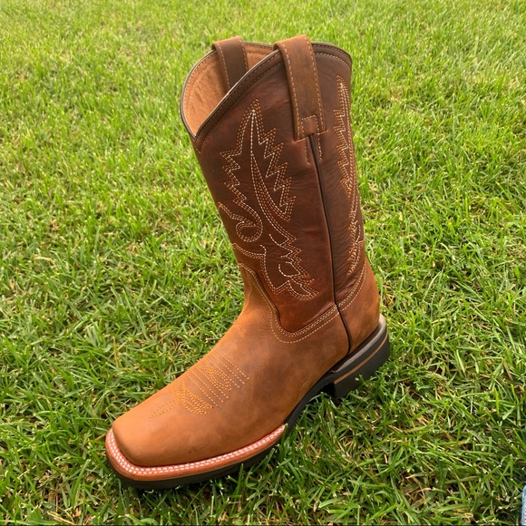 Men’s Western Rodeo Cowboy square toe Genuine cowhide Leather boots Tan 387 - Picture 2 of 8